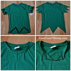 four different pictures of the same green t - shirt, one with an arrow on it