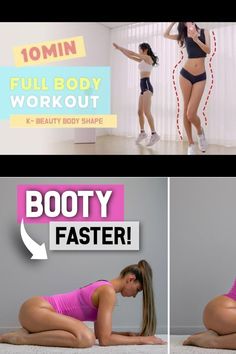 two pictures of a woman doing exercises on the floor and in front of a sign that says, full body workout k - beauty