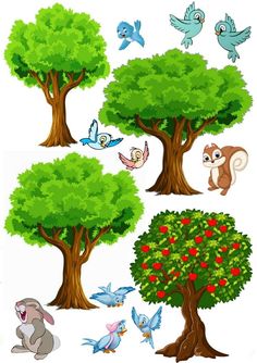 the different kinds of trees and birds are depicted in this cartoon character's life cycle