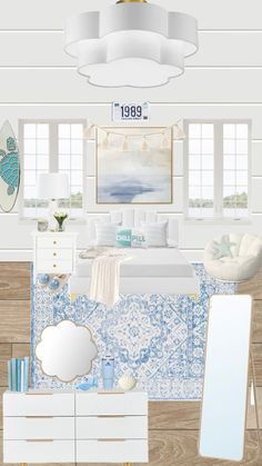 a bedroom with white furniture and blue wallpaper on the walls is shown in this rendering