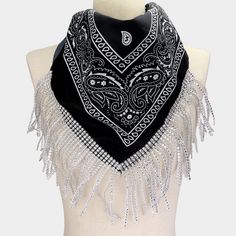 Rhinestone Crystal Like Sparkle Tassel Neck Bandana Paisley Print Design Bling Scarf Women Fashion Statement Accessory Size : 21.75" X 21.75" Fringe Size : 4.5" L Theme: Fringe , Western B 1509 N Rhinestone Fringe Bandana, Cowgirl Scarf, Cowgirl Bandana, Fringe Bandana, Neck Bandana, Paisley Print Design, Rhinestone Fringe, Scarf Women Fashion, Bandana Scarf