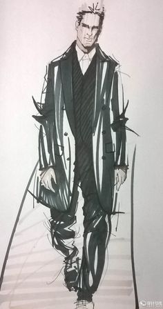 a black and white drawing of a man in a suit walking down the runway with his hand on his hip