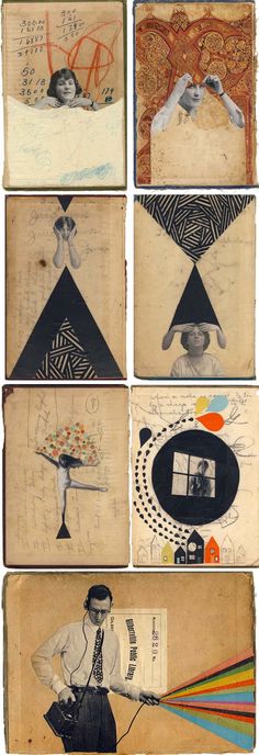 four different paintings on old paper with black and white images in the middle one has a man holding an umbrella