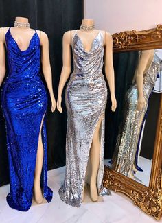 2024 Silver Halter Sequence Side Slit Backless Long Prom Dresses Glamorous Party Dress With Split, Party Dress With Split For Prom Season, Party Dresses With Back Split, Split Dresses For Prom Season, Split Dresses For Prom Season Party, Glamorous Full-length Dress With Side Slits, Party Dresses With Side Slits, Long Party Dress With Side Slits, Fitted Party Dress With Split