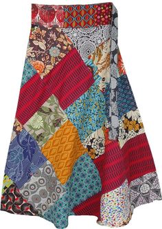 This beautiful and chic wrap-around skirt with mixed patchwork in bohemian style is a must-have in your wardrobe.  The cotton fabric is ideal to wear in every season and the cute floral and geometric patterns stand out in a unique way. #tlb #WrapAroundSkirt #Patchwork #JuniorPetite #XLPlus #Longcottonsummerskirt #wraparoundskirtlong #bohoskirts #hippiewrapskirts #bohemianmaxiskirts Bohemian Patchwork Denim Skirt, Bohemian Patchwork Skirt, Multicolor Patchwork Summer Skirt, Bohemian Multicolor Floral Print Skirt, Multicolor Mixed Print Skirt For Summer, Bohemian Floral Patchwork Skirt For Festival, Long Patchwork Beach Skirt, Multicolor Long Cotton Wrap Skirt, Multicolor Bohemian Skirt With Boho Print