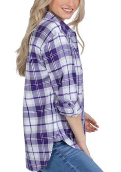 Let your Horned Frogs spirit show in the office with this TCU Horned Frogs Dress Shirt! Wear your spirit with pride in this Womens Purple Boyfriend Plaid Long Sleeve Long Sleeve Button Down Shirt. This Long Sleeve Dress Shirt features a embroidery. Plaid long sleeve, Functional buttons down the front, Left chest pocket, Drop shoulder, Rounded bottom with side gussets, 100% Cotton, 4 Casual Long Sleeve Flannel Shirt With Button Cuffs, Casual Flannel Button-up Shirt, Casual Purple Shirt For Fall, Casual Button-up Flannel Shirt For Daywear, Casual Long Sleeve Purple Shirt, Casual Purple Long Sleeve Shirt, Long Sleeve Purple Dress, Frog Dress, Purple Long Sleeve Dress