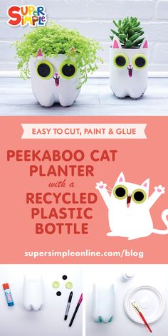 the instructions for how to make an adorable cat planter with recycled plastic bottles