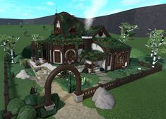 Bloxburg City Apartment Layout, Cozy Mansion, Simple House Exterior, Cottage Core Bloxburg House, Cottage Mansion, Blox Burg, Green Village