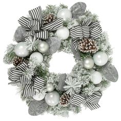 a christmas wreath with silver and white balls, pine cones, and bows on it