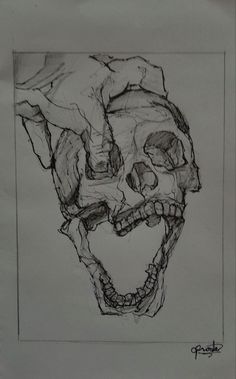 a black and white drawing of a skull