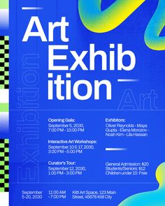 an art exhibition poster with blue and green colors