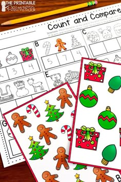 two christmas themed worksheets with the words count and compare in front of them