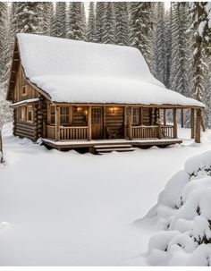 a log cabin in the middle of a snowy forest