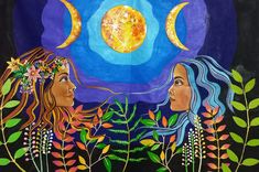 two women looking at each other with the moon in the sky above them and plants around them