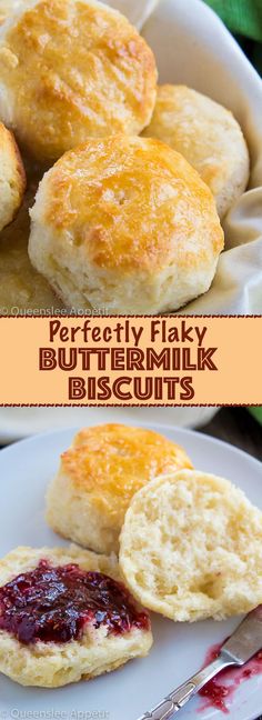 buttermilk biscuits with jam on the top and bottom are sitting on a white plate