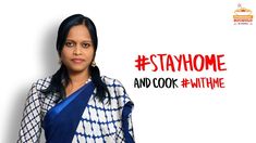 a woman standing in front of a white background with the words stay home and cook within