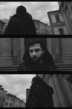 three different shots of a man in front of a building, one with his eyes closed and the other with his head down