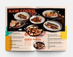 an open menu for a restaurant with many different dishes on it, including meats and vegetables