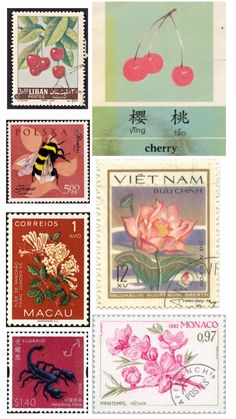 stamps with flowers and insects on them are shown in different colors, sizes and shapes