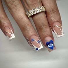 Evil Eye Nails Design Short, Evil Eye Nails Purple, Hamsa Nails Evil Eye, Blue French Tip With Evil Eye, Holiday Nails Evil Eye, Evil Eye Nails Design Art Ideas, I Love My Bf Nails, Third Eye Nail Design, Greece Eye Tattoo