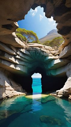 the water is blue and clear in this cave