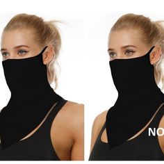 a woman wearing a black neck gaiter with the words no more covering her face