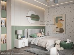 a child's bedroom with green and white decor