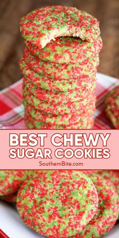 the best chewy sugar cookies are stacked on top of each other and ready to be eaten