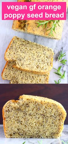 vegan poppy seed bread is cut in half and stacked on top of each other