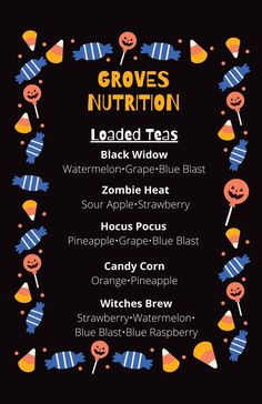 a menu for halloween themed drinks with pumpkins and candy canes on the side