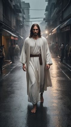 jesus walking down the street with his hands in his pockets