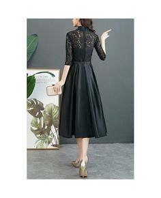 Buy retro tea length black satin party dress with lace half sleeves at cheap price online. Free stable shipping and pro custom service since 2009. Elegant Black Half Sleeve Midi Dress, Elegant Black Midi Dress With Half Sleeves, Satin Party Dress, Dress With Collar, Formal Party, Dress With Lace, Style Dresses, Tea Length, Black Tea