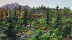 an artist's rendering of a forest with mountains in the background