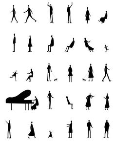 silhouettes of people and animals in various poses, including a man with a piano