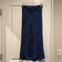 Brand New Slip Skirt Blue With Cream/White Polka Dots Forever 21 Midi Skirt, Twst Oc, Vegan Leather Midi Skirt, Purple Midi Skirt, Pink Lace Skirt, Pink Denim Skirt, White Polka Dot Skirt, Satin Slip Skirt, Bodycon Pencil Skirt