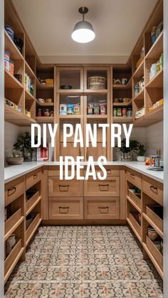 the words diy pantry ideas are overlaid by wooden cabinets