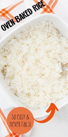 rice in a white bowl with an orange and white checkered table cloth next to it