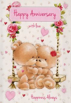 two teddy bears sitting on a swing with hearts and flowers around them, happy anniversary