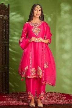 Shop for Aman Takyar Pink Dupion Silk Anarkali Set for Women Online at Aza Fashions Pink Machine, Pink Kurta, Silk Anarkali, Embroidered Pants, Dupion Silk, Boutique Dress Designs, Fancy Dress Design, Indian Fashion Designers, Indian Designer Outfits