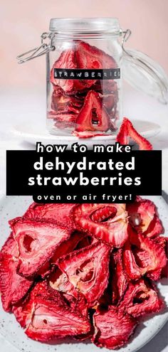 how to make dehydrated strawberries in an air fryer with text overlay