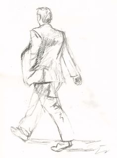 a drawing of a man in a suit walking down the street with his back to the camera