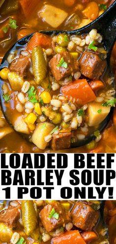 this is an image of loaded beef barley soup