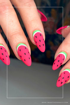 Get ready to savor the sweetness of summer with our collection of 45 refreshing watermelon nail designs! Whether you prefer short or long nails, in acrylic or gel, we've curated a variety of vibrant designs featuring the iconic fruit, complete with 3D artistry. Elevate your nail game with these delightful watermelon-inspired designs, perfect for adding a touch of whimsy to your summer look. Embrace the fruity vibes and get inspired with these charming and enchanting nail designs. 🍉💅✨ Food Inspired Nails, Short Watermelon Nails, Watermelon Nails Acrylic, Fruit Themed Nails, Watermelon Nails Design, Watermelon Manicure, Nail Designs Watermelon, Fruity Nails, Nails Vibrant