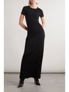 SAINT LAURENT Wool-jersey maxi dress | NET-A-PORTER Maxi Dress Designs, Black Attire, Black Dress Outfits, Maxi Jersey Dress, Black Maxi, Black Wrap Dress, Elegant Outfit, Black Maxi Dress, Jersey Dress