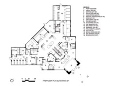 the floor plan for an office building with two floors and three levels, including one bedroom