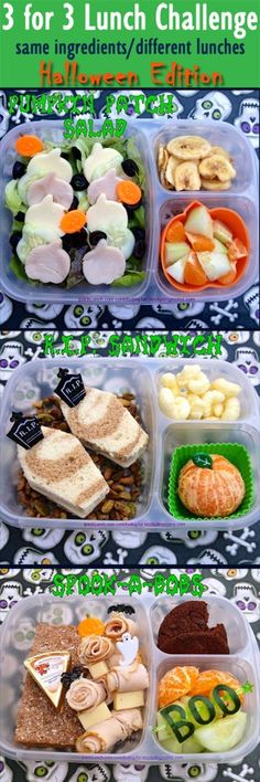 three lunches in plastic containers with different types of food on the top and bottom