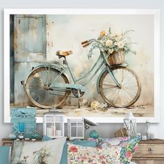 a painting of a blue bicycle with flowers in the basket on it's front wheel