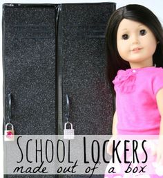 a doll standing next to a black suitcase with the words school lockers made out of a box