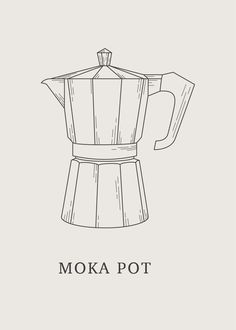 the moka pot is drawn in black ink on a white background with an inscription above it