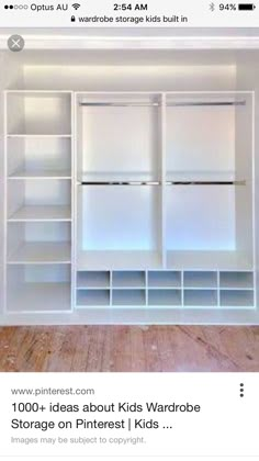 an empty room with white shelving and wooden flooring is displayed on the instagram page